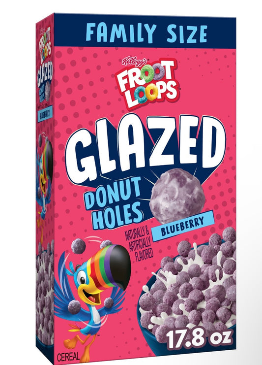 Kellogg's Froot Loops Glazed Donut Holes Breakfast Cereal, Kids Cereal, Family Breakfast, Family Size, Blueberry, 17.8 oz Box